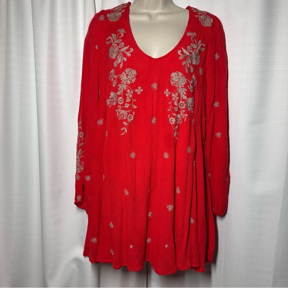 Free People Sweet Tennessee Red Floral Embroidered Mini Tunic Dress S Boho Beach - Picture 5 of 14
